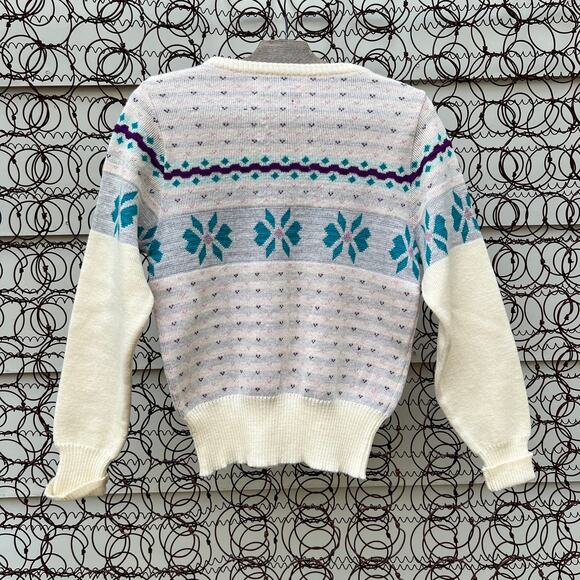 VTG Rockee USA fair isle ski gorpcore pastel ice blue wool knit sweater SMALL - Picture 3 of 5